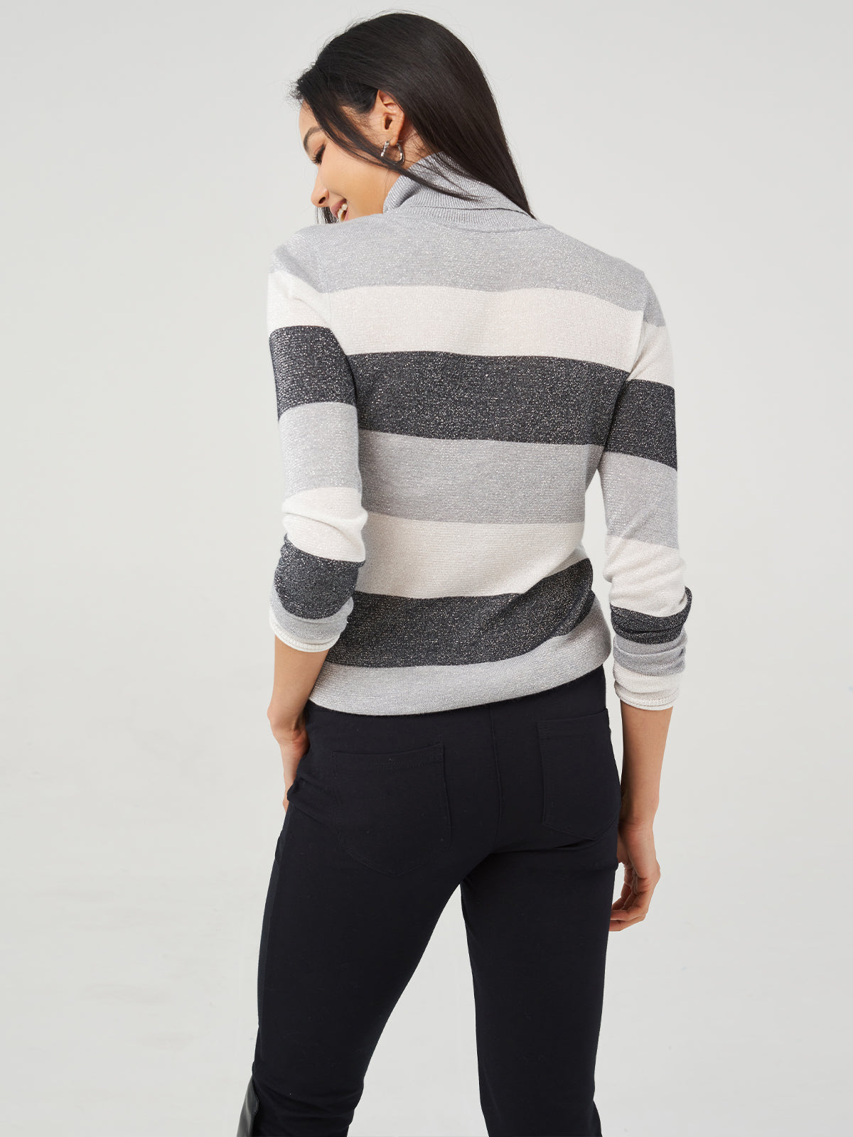 Striped Lurex Turtleneck Pullover