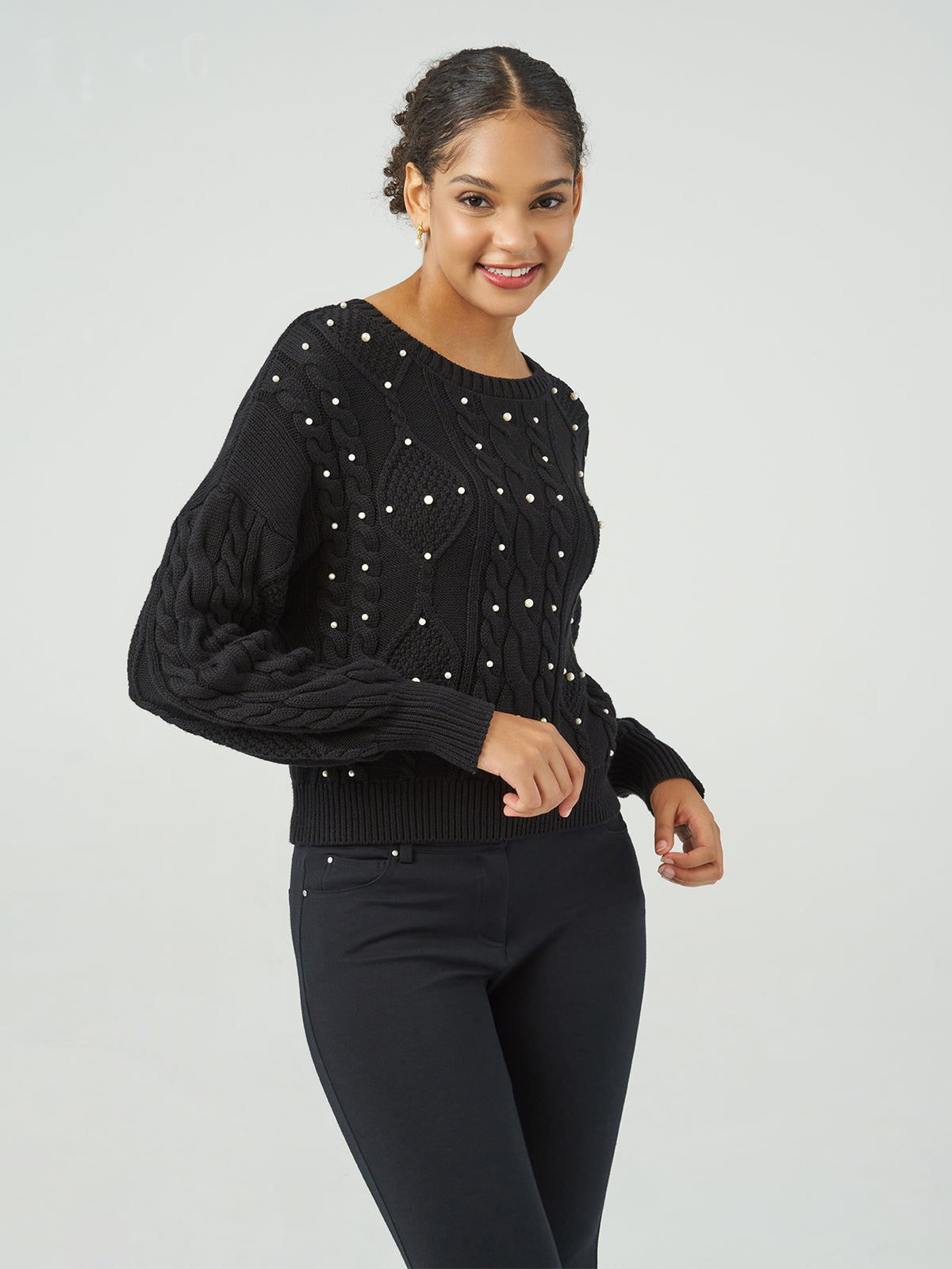 Pearl Embellished Cable Sweater