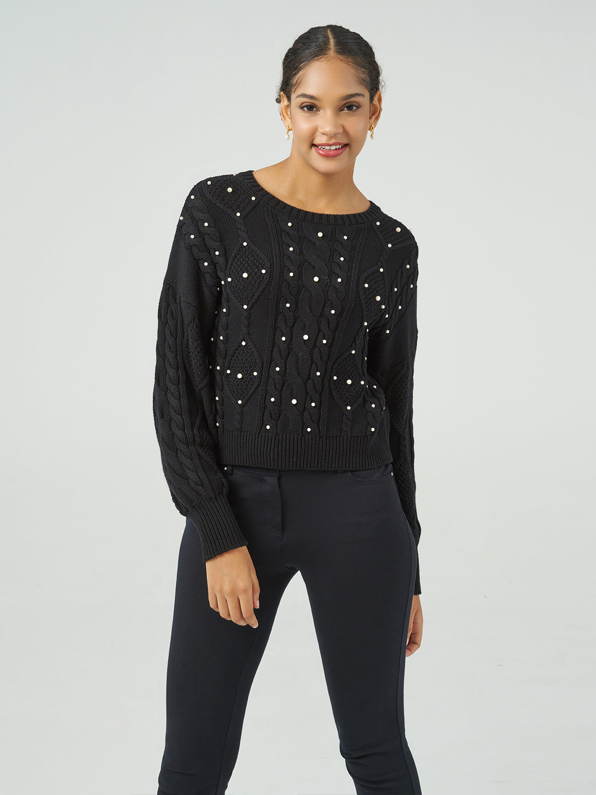 Pearl Embellished Cable Sweater