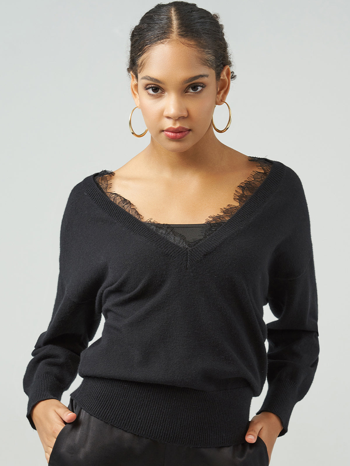 Lace Inset V-Neck Pullover
