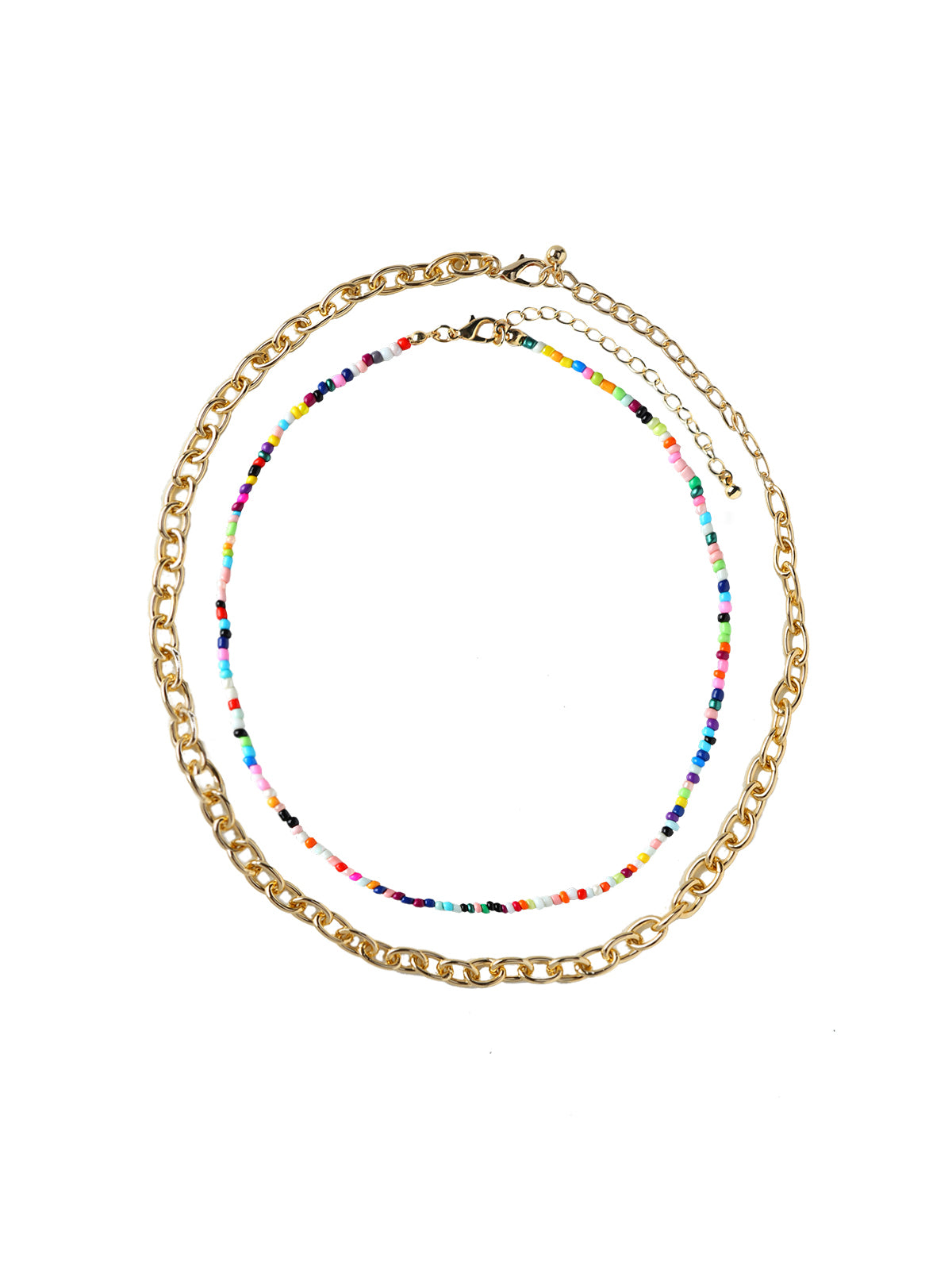 Colorful Beaded and Small Link Chain Necklace Set