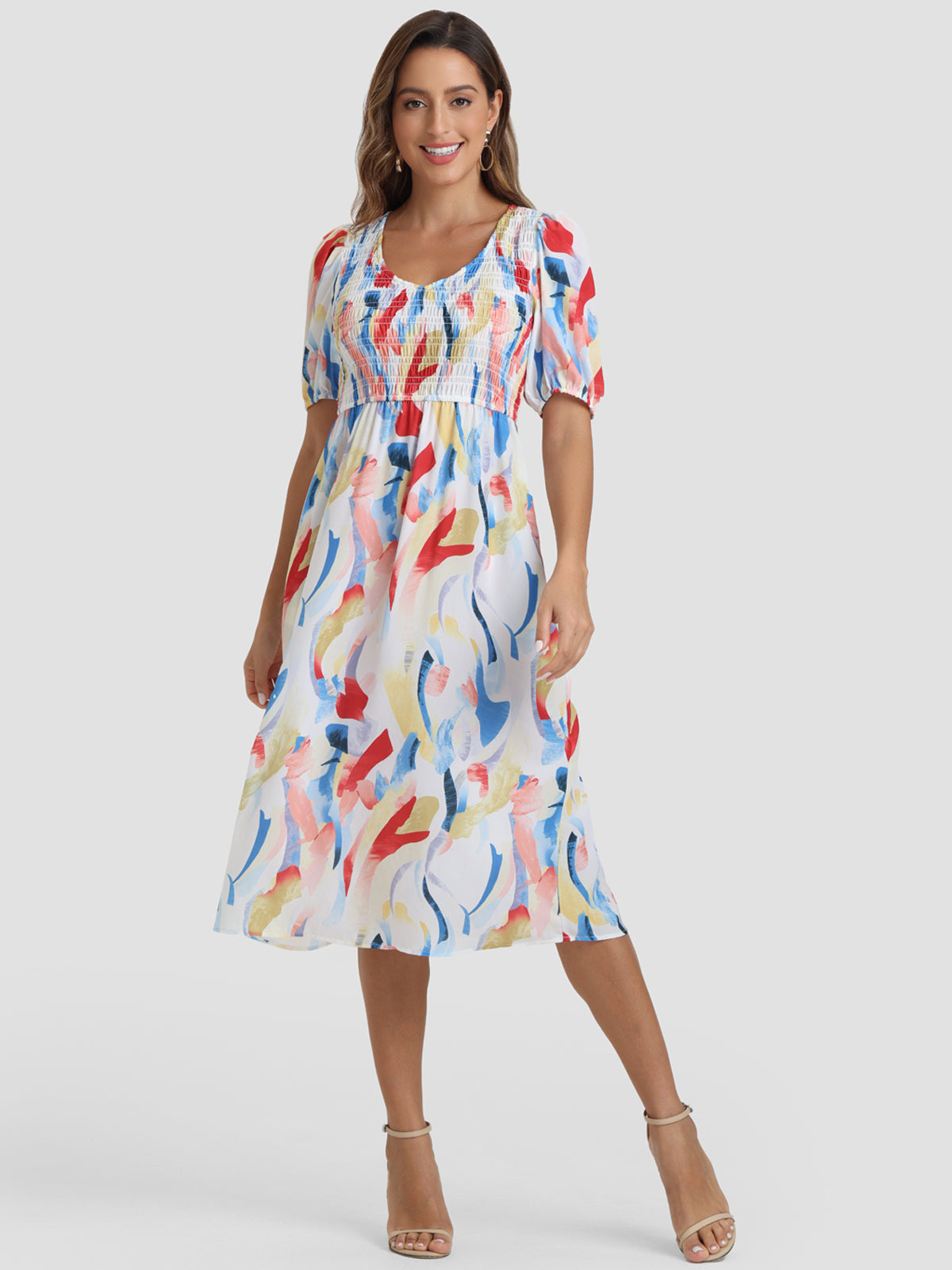 Abstract Print Smocked Dress