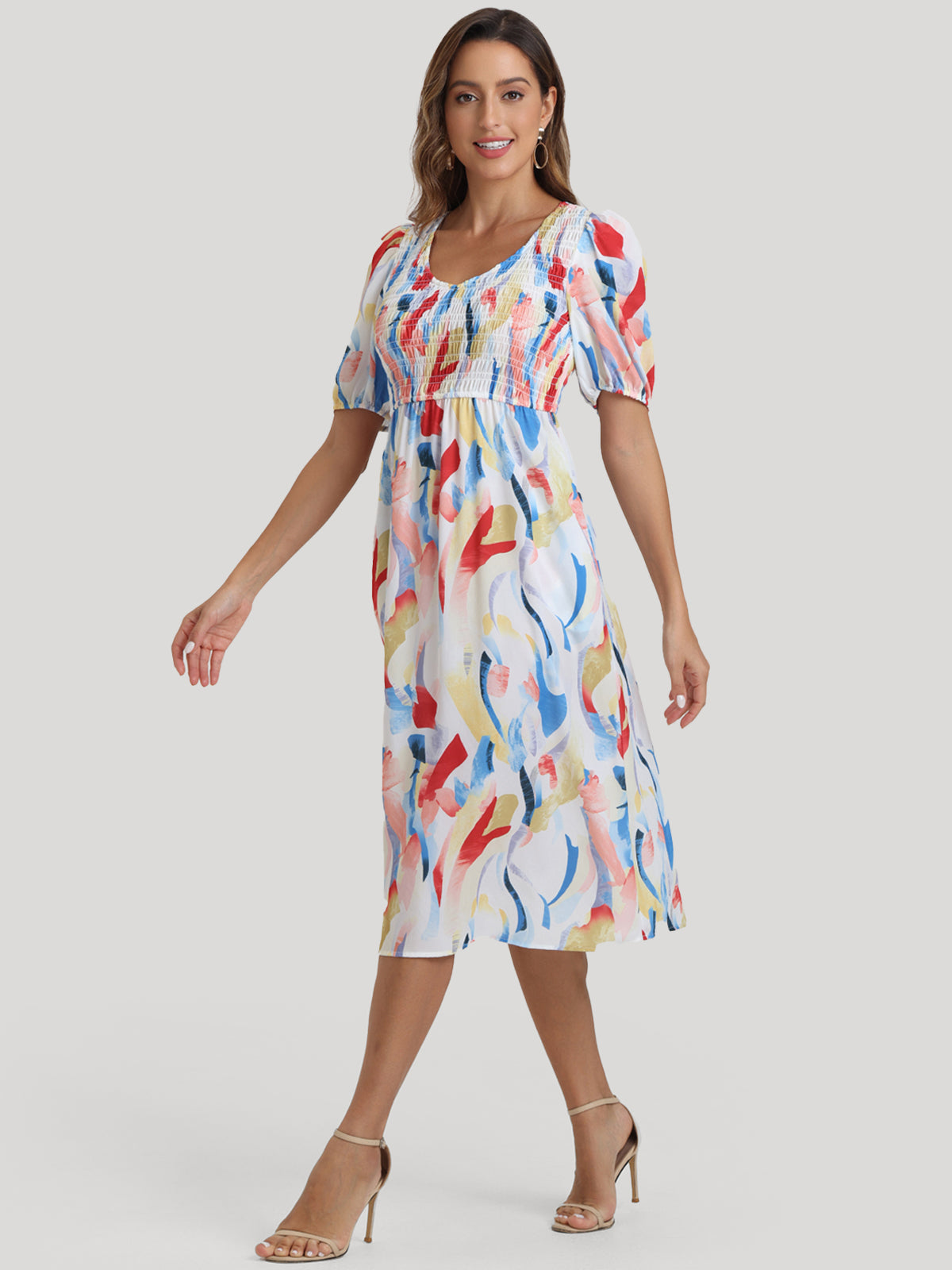 Abstract Print Smocked Dress