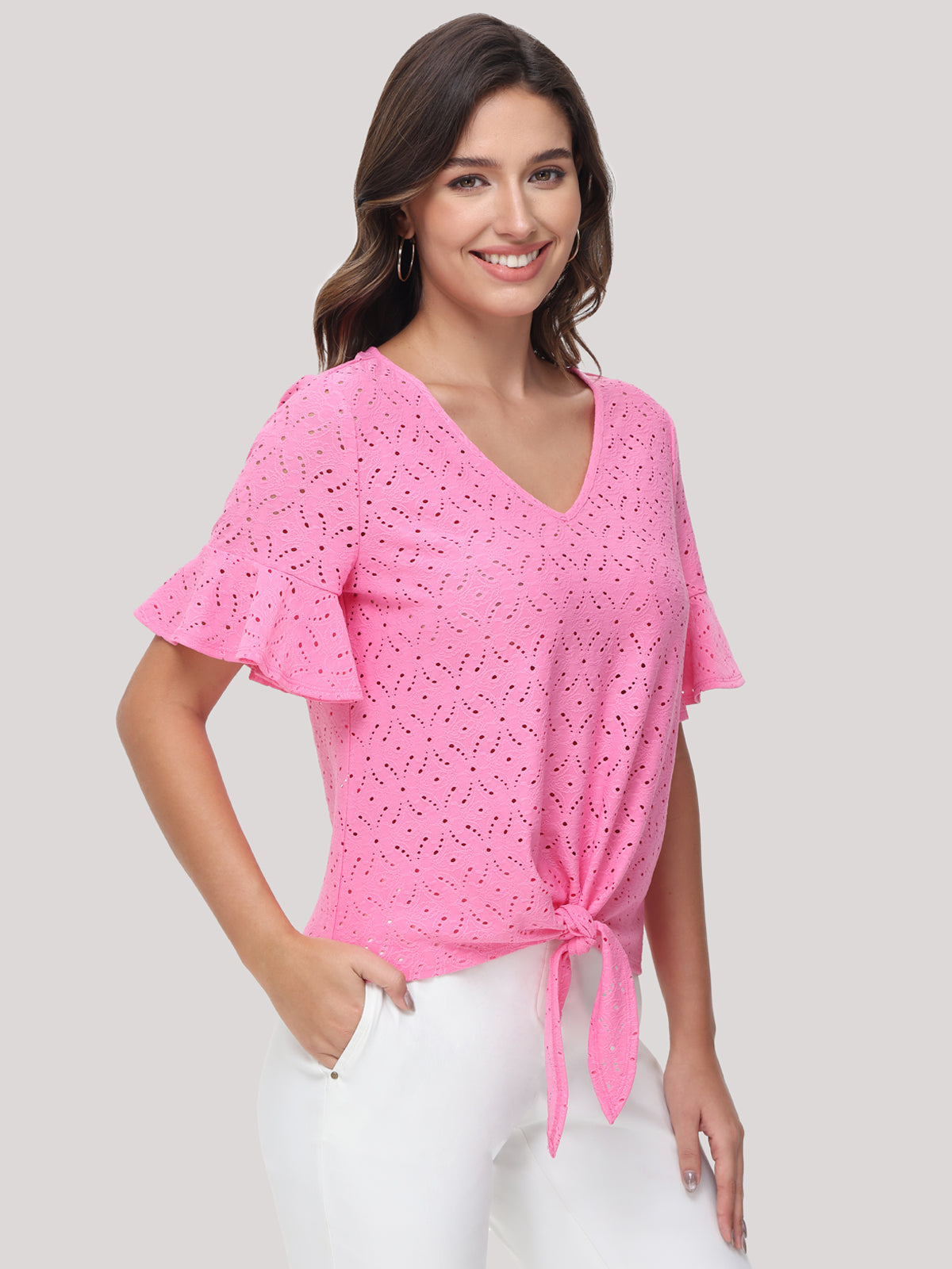Pointelle Tie Front Top
