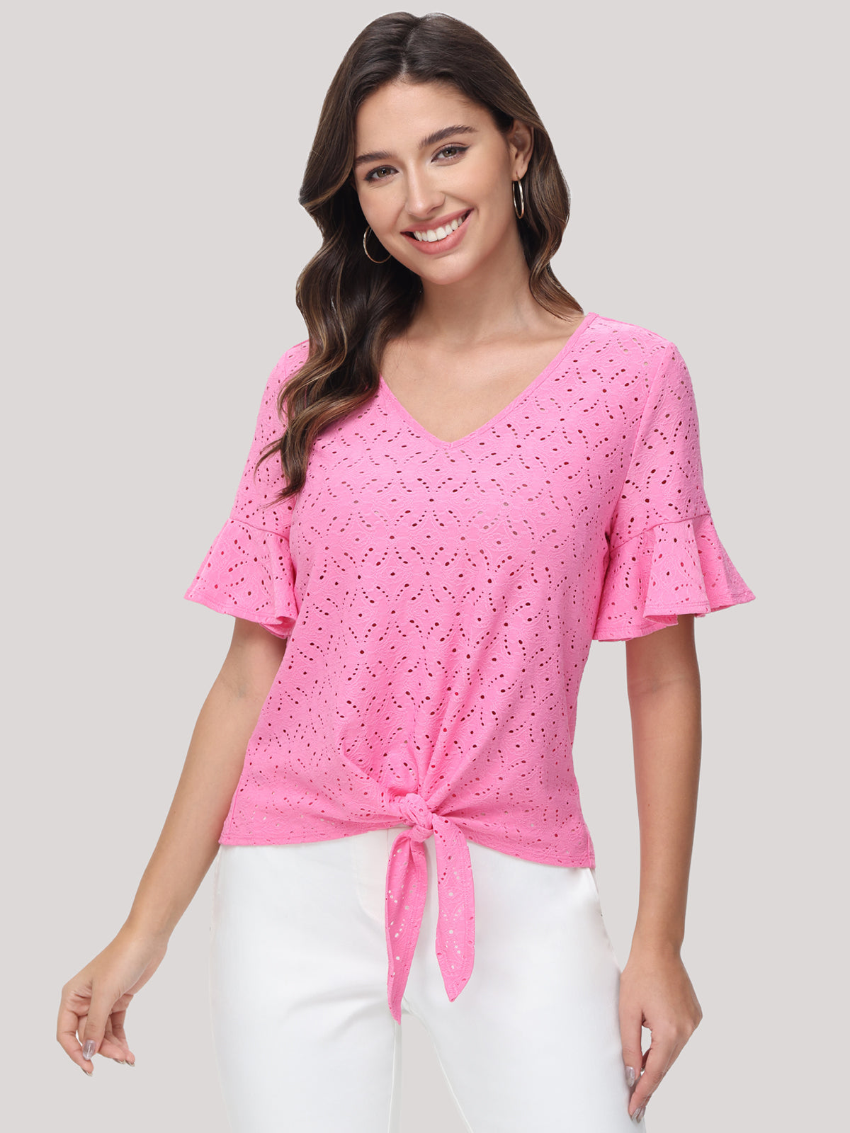 Pointelle Tie Front Top