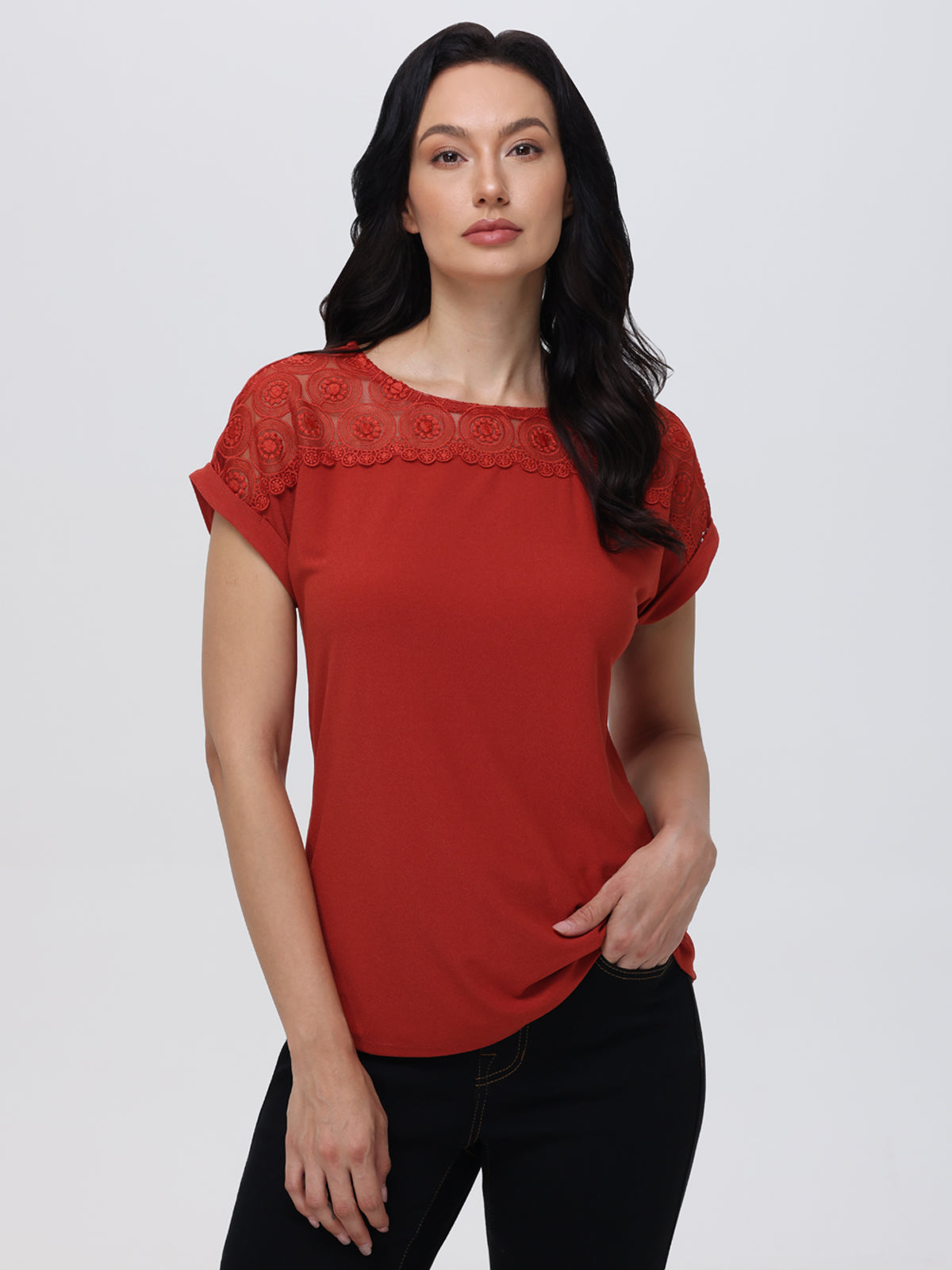 Lace Panel Rolled Cuff Cool Top
