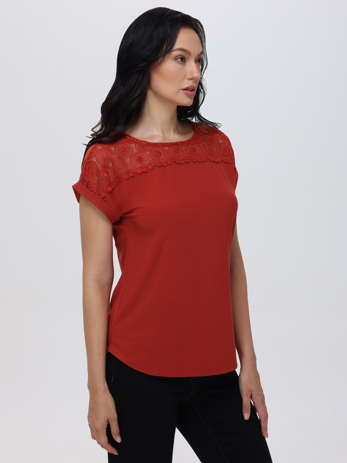 Lace Panel Rolled Cuff Cool Top